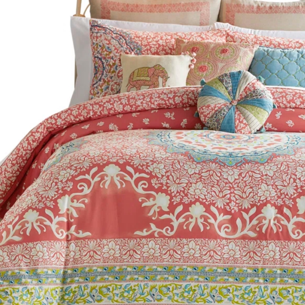 2 Items Jessica Simpson medallion comforter 1 embroidered sham coral floral